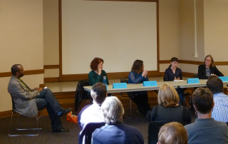 Seattle City Librarian Marcellus Turner listens to Lara Hamilton, Danielle Hulton, Debbie Sarow, and Christy Dawn