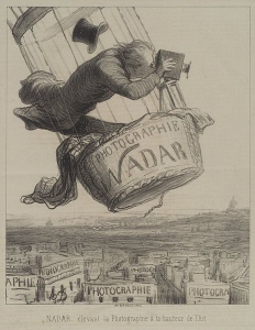 A lithograph of Nadar, photographer and balloonist extraordinaire, flying over Paris, circa 1863.