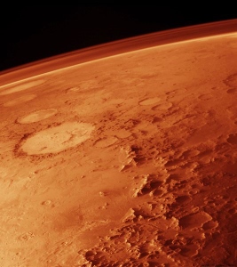The Red Planet from space, featuring Galle, the happy face crater