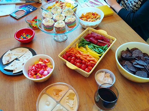 A rainbow of snacks at a coloring book party