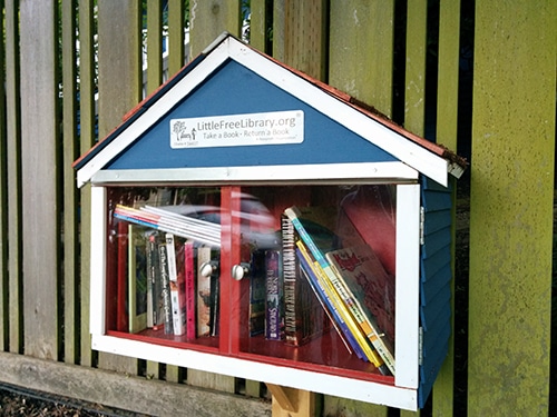 Little Free Library shaped like a blue house