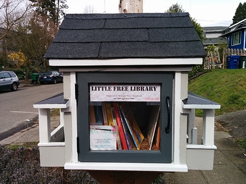 Little Free Library shaped like grey house